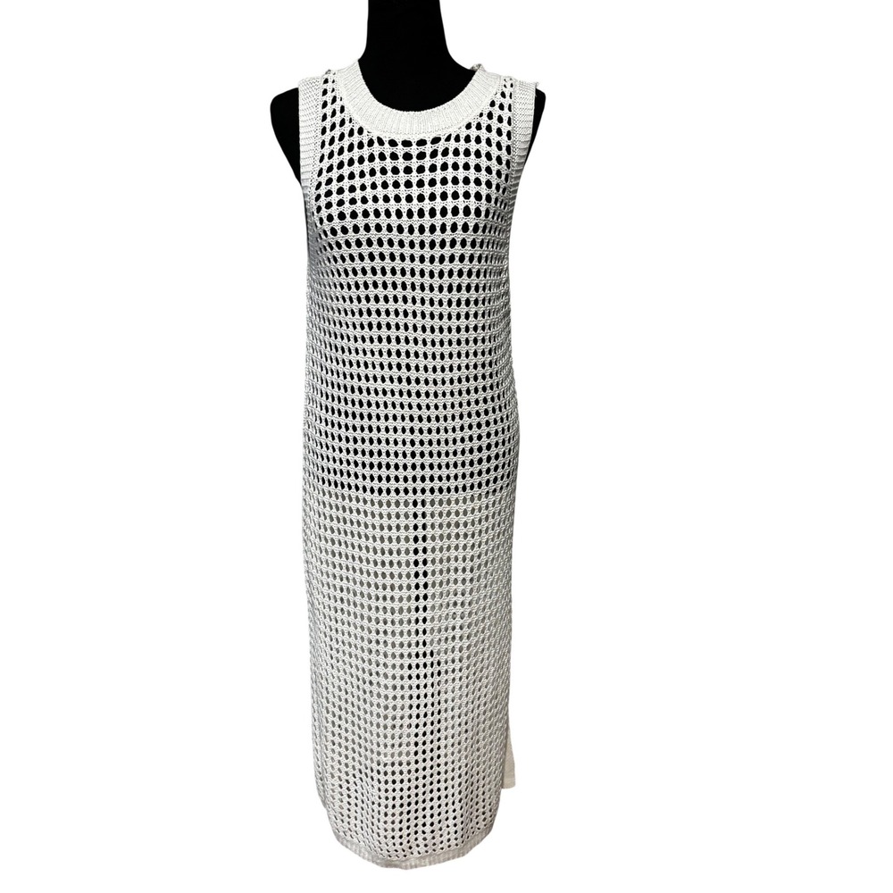 New Cream Crochet Net Midi Dress Swim Cover Up Sz L Slit festival boho cowgirl
